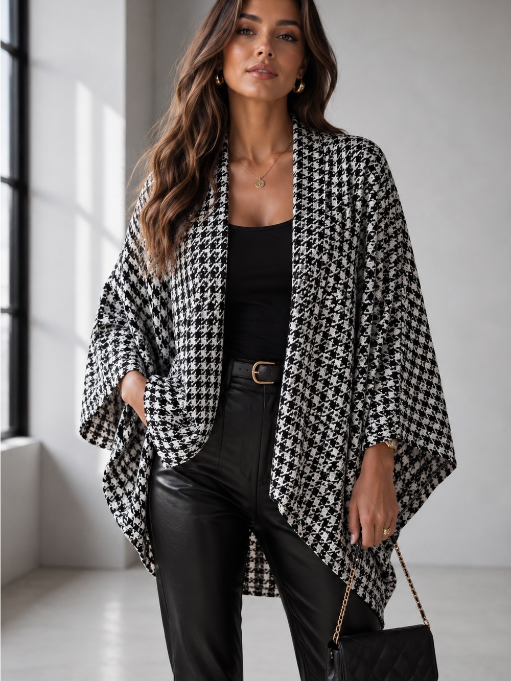 Roommates Houndstooth Open-Front Poncho - Black, White